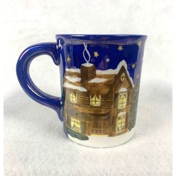 Ceramic Coffee Tea Mug by Cardinal Inc with Winter Village Scene Blue Handle - Picture 3 of 7